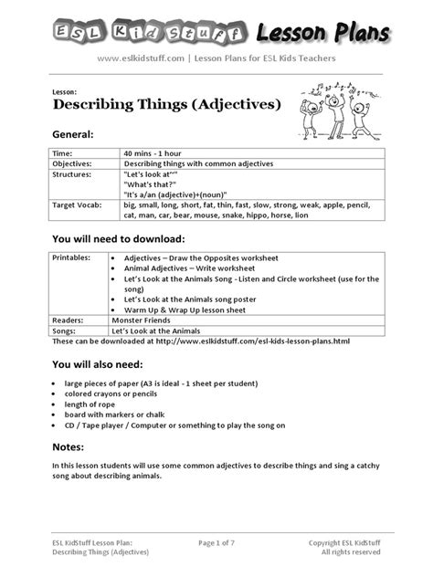 <b>Discovering Adjectives</b> Kathryn Gregory Multiple Subject Teacher Students will work in groups to describe various objects based on taste, smell, look, touch, and emotional feeling. . Detailed lesson plan about adjectives slideshare